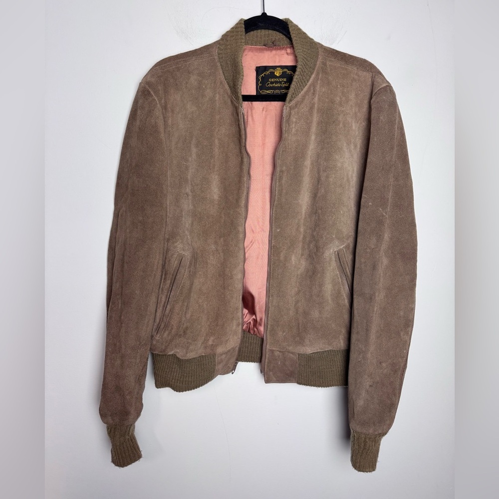 Vintage Genuine Real Leather 42 Bomber Jacket Coat Tan Full Zip Zipper Lined